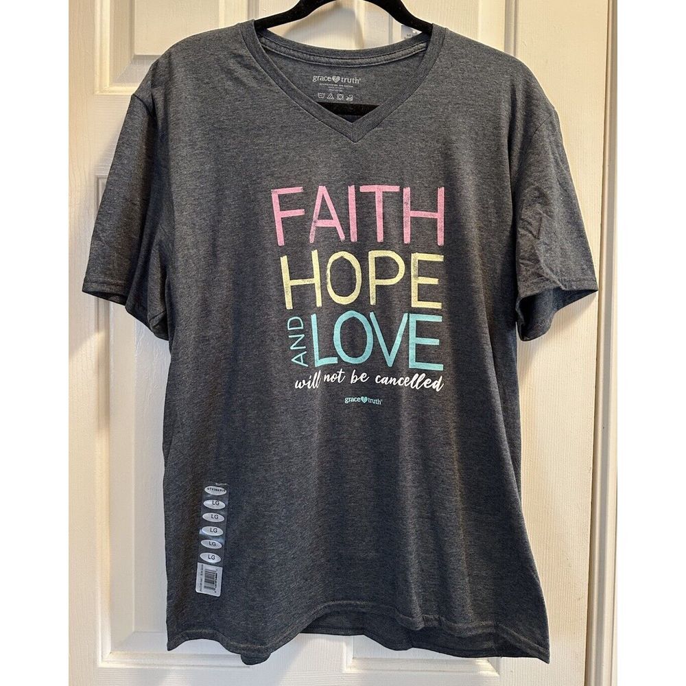 Grace & Truth Faith Hope Love Will Not Be Cancelled V-neck Tee. Size L